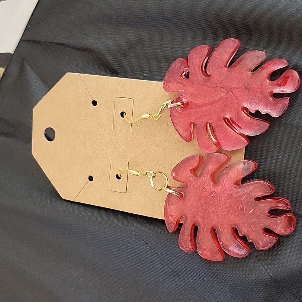 Red monstera earrings
